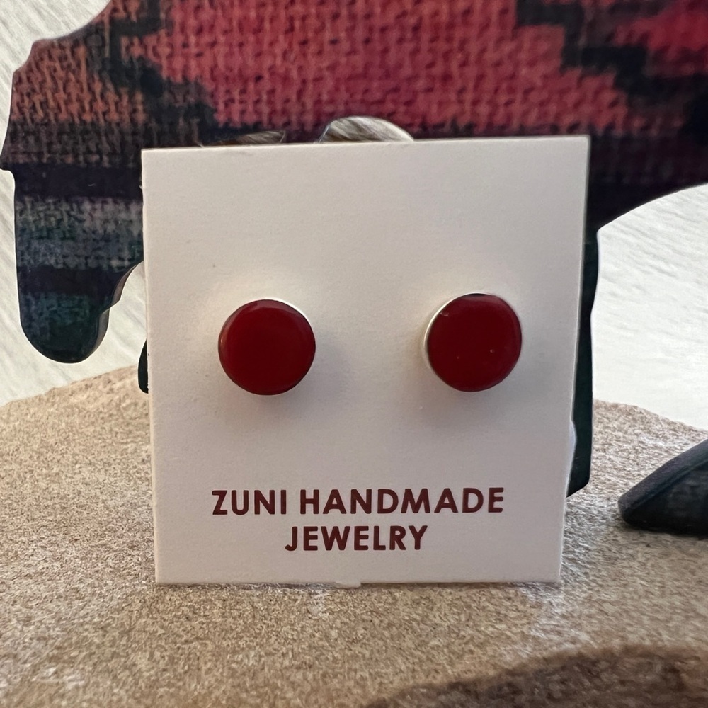 ❤️ Native “Angie Rosetta” Zuni Handmade Red Coral Stud  Earrings Sterling Silver